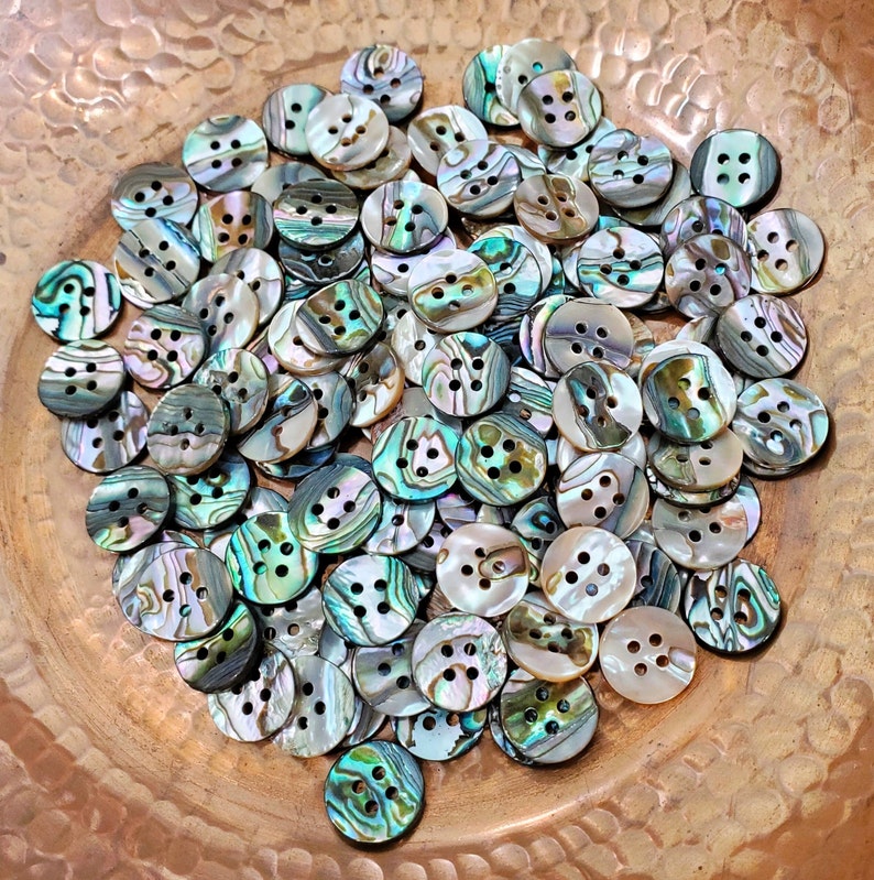 Vintage Abalone Buttons in Your Choice of Quantity, 4 Hole Mother of Pearl Shirt Buttons for Sewing, Knitting, Jewelry Beads, 9/16 inch image 1