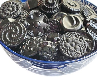 Vintage Black Glass Buttons in Your Choice of Sizes, Bulk Grab Bag Lot for Knitting Sweaters, Sewing, Beads, 5/8, 3/4, 7/8, 1 1/8 inch