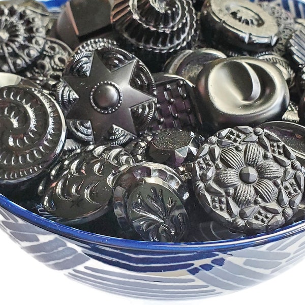 Vintage Black Glass Buttons in Your Choice of Sizes, Bulk Grab Bag Lot for Knitting Sweaters, Sewing, Beads, 5/8, 3/4, 7/8, 1 1/8 inch