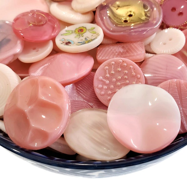 Pink Vintage Glass Buttons Grab Bag Lot, Bulk Lot for Sewing, Knitting, or Jewelry Beads, 3/8 to 7/8 inch