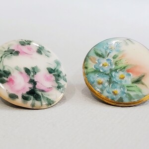 Antique Porcelain Buttons with Hand Painted Forget Me Not or Roses, Early 1900s for Sewing or Knitting 1 inch image 1
