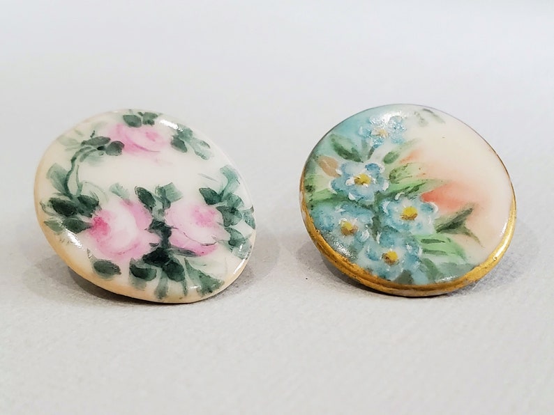 Antique Porcelain Buttons with Hand Painted Forget Me Not or Roses, Early 1900s for Sewing or Knitting 1 inch image 1