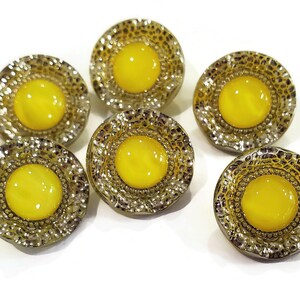 Six mid century moonglow glass buttons are shown against a crisp white background.