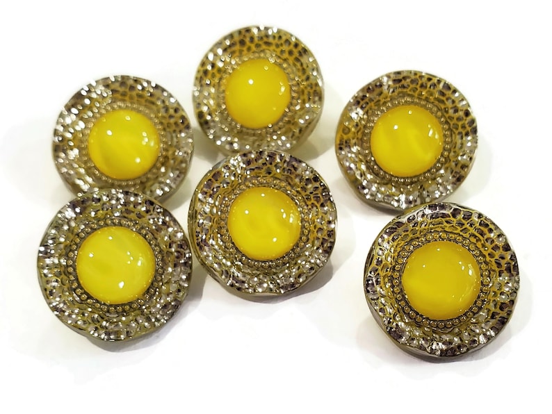Six mid century moonglow glass buttons are shown against a crisp white background.