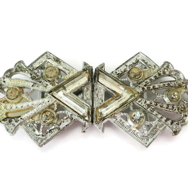 Vintage Rhinestone Belt Buckle - High Fashion Mid Century Silver Metal