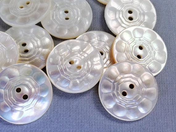 Vintage Antique White Mother of Pearl Buttons Set of 3 Carved 3/4in 2 Hole  Shell
