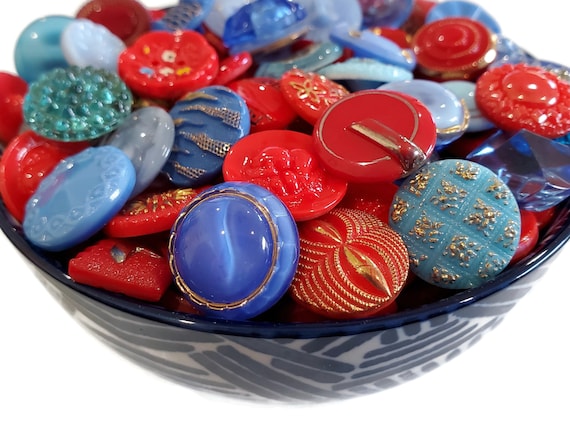 Vintage Glass Buttons Grab Bag Lot in Your Choice of Blue or Red