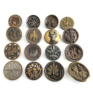 May include: A selection of antique metal buttons with embossed designs. The buttons display images of animals, floral motifs, and historical figures. The buttons are in bronze, gold, and silver tones, with detailed patterns. The buttons are of various sizes.
