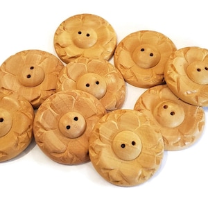 Vintage Carved Wooden Flower Buttons, Large Natural Wood for Sewing and Knitting, just over 1 1/8 inch