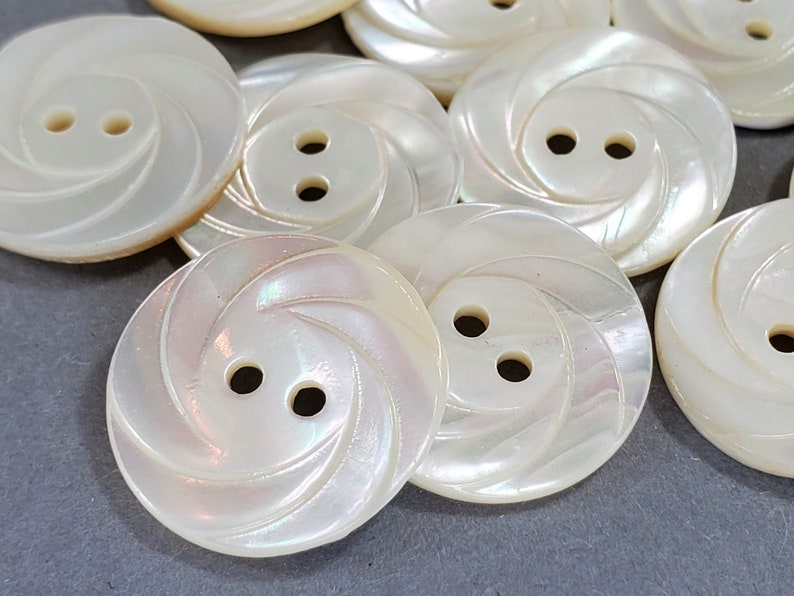 Mother of Pearl Vintage Buttons for Knitting and Sewing, 3/4 inch 19mm Natural Shell with Carved Swirls and Rainbow Shimmer, White or Gold image 5