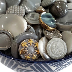 Gray Glass Vintage Buttons Grab Bag Lot, 1900-1940s Antique Bulk Buttons for Sewing, Knitting Sweaters, Jewelry Beads, and Embellishments