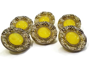 Vintage Moonglow Glass Buttons, 6 Pieces, Mid Century Sewing Buttons for Knitting Sweaters, Jewelry Beads, 3/4 inch in Yellow or Red