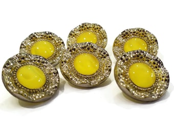 Vintage Moonglow Glass Buttons, 6 Pieces, Mid Century Sewing Buttons for Knitting Sweaters, Jewelry Beads, 3/4 inch in Yellow or Red