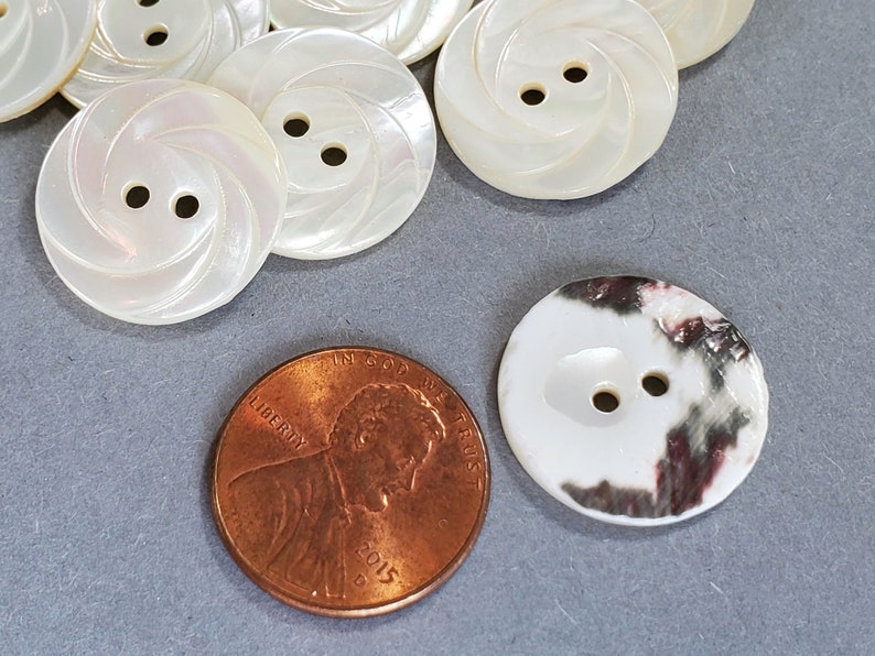 Mother of Pearl Vintage Buttons for Knitting and Sewing, 3/4 inch 19mm Natural Shell with Carved Swirls and Rainbow Shimmer, White or Gold White w/Craggy Backs