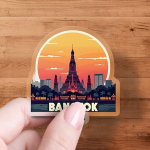 Bangkok Thailand Reiseaufkleber, Stadt Skyline Aufkleber, Schöne Sonnenuntergang Landschaft, Wahrzeichen Illustration, wasserfester Vinylaufkleber