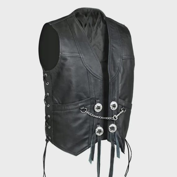 Cowhide Leather Biker Vest: Men's Chain Concho Motorcycle