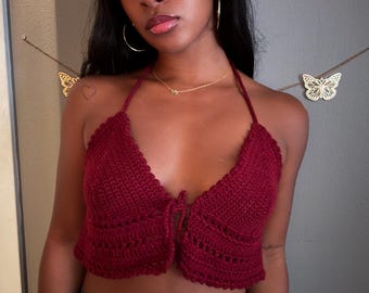 handmade crochet halter top, cropped crochet tank, Y2K crochet knit, boho crochet crop top, crochet tie-front bralette, crochet festival top
