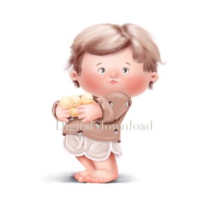 Un simpatico ragazzo che tiene in mano dei pulcini. Piccola volpe. Arte murale da stampare, decorazione murale per la cameretta dei bambini, stampa per bambini, download, 300 dpi