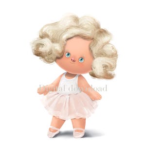 Muñeca, dibujo animado, rubia, pelo rizado, ojos grandes, ojos azules, bailarina, vestido blanco, zapatillas de ballet, infantil, regordeta, figura, colores pastel