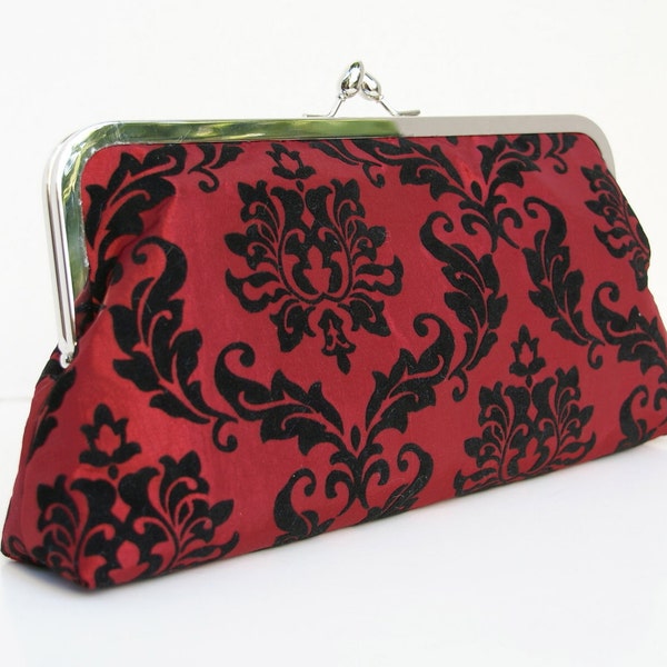 On Sale Red and Black Clutch with Velvet Damask for Winter Cocktail party or Bridesmaids Gift Ready to ship!