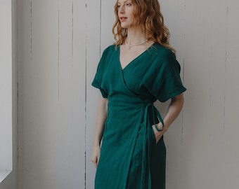 Wrap Dress w Flutter Sleeves & Pockets, 100% Linen dress, Made to Order, Handmade in Canada