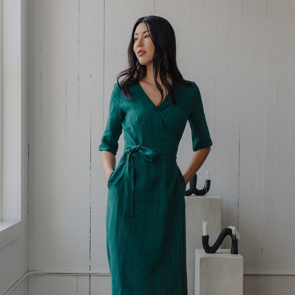 Emerald Green Linen Wrap Dress w Long Sleeves, A Line Flared Skirt, Fitted Waist, Handmade to order in Canada