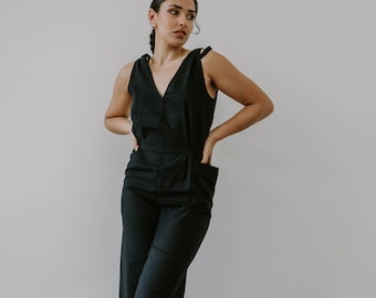 Organic Cotton Linen Black Jumpsuit, Wide Leg Cinch Waist Full Length Jumpsuit, Loose Linen Overalls, Long Linen Romper, Elegant Pantsuit