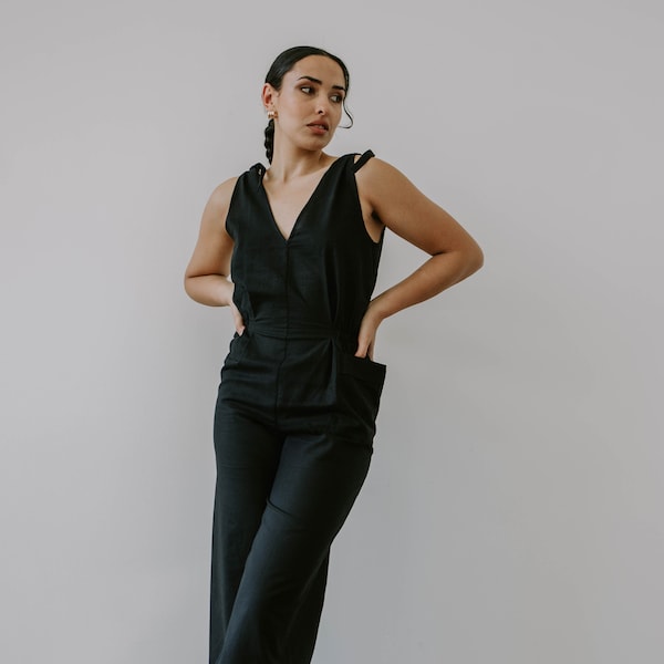 Organic Cotton Linen Black Jumpsuit, Wide Leg Cinch Waist Full Length Jumpsuit, Loose Linen Overalls, Long Linen Romper, Elegant Pantsuit