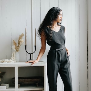 Black Linen Jumpsuit, Low Back with Pockets, Loose Fit, Wide Legs, V Neck, Linen Overalls, Sustainably Handmade in Canada