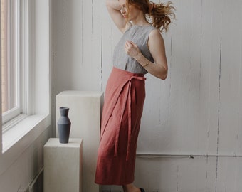 Linen Wrap Skirt with Pockets,  A Line Flared Skirt, Fitted Waist, Long Linen Skirt, Made to Order, Handmade in Canada, Marsala Maxi Skirt