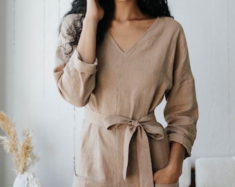 Belted Linen Jumpsuit, Long Sleeve Jumpsuit w Pockets & Belt, Handmade to Order, Made in Canada