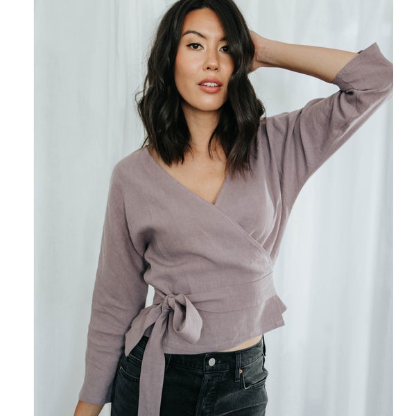Lavender Linen Wrap Top with Long Sleeves and Belt, The Perfect Wrap Top, Slow Fashion Handmade in Canada, Made to Order, 100% Linen