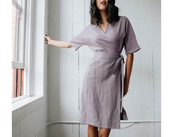 Comfortable Wrap Dress with Pockets, A Line Skirt, Short Sleeves, 100% Washed Linen, Lavender Lilac Dress, Made to Order, Handmade in Canada