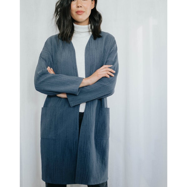 Handmade Cocoon Jacket in Azure Blue, Lightweight Spring Coat, 100% Heavyweight Jacquard Linen, Slow Fashion Handmade to Order in Canada