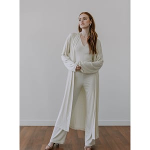 Long Robe Cardigan, Extra Soft Cream Coloured Cardigan, Natural Tencel Fabric, Luxury Loungewear, Sustainably Handmade to Order in Canada