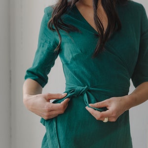 Emerald Green Linen Wrap Dress w Long Sleeves, A Line Flared Skirt, Fitted Waist, Handmade to order in Canada image 4