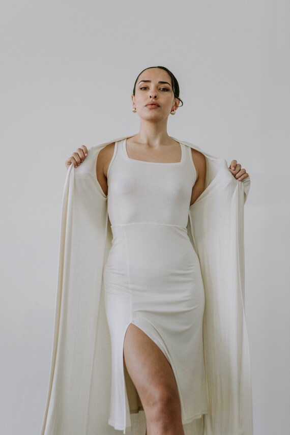 Square Neck Knit Dress With Thigh Slit 