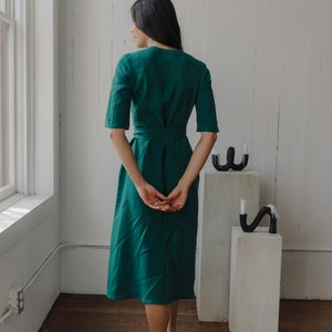 Emerald Green Linen Wrap Dress w Long Sleeves, A Line Flared Skirt, Fitted Waist, Handmade to order in Canada image 5