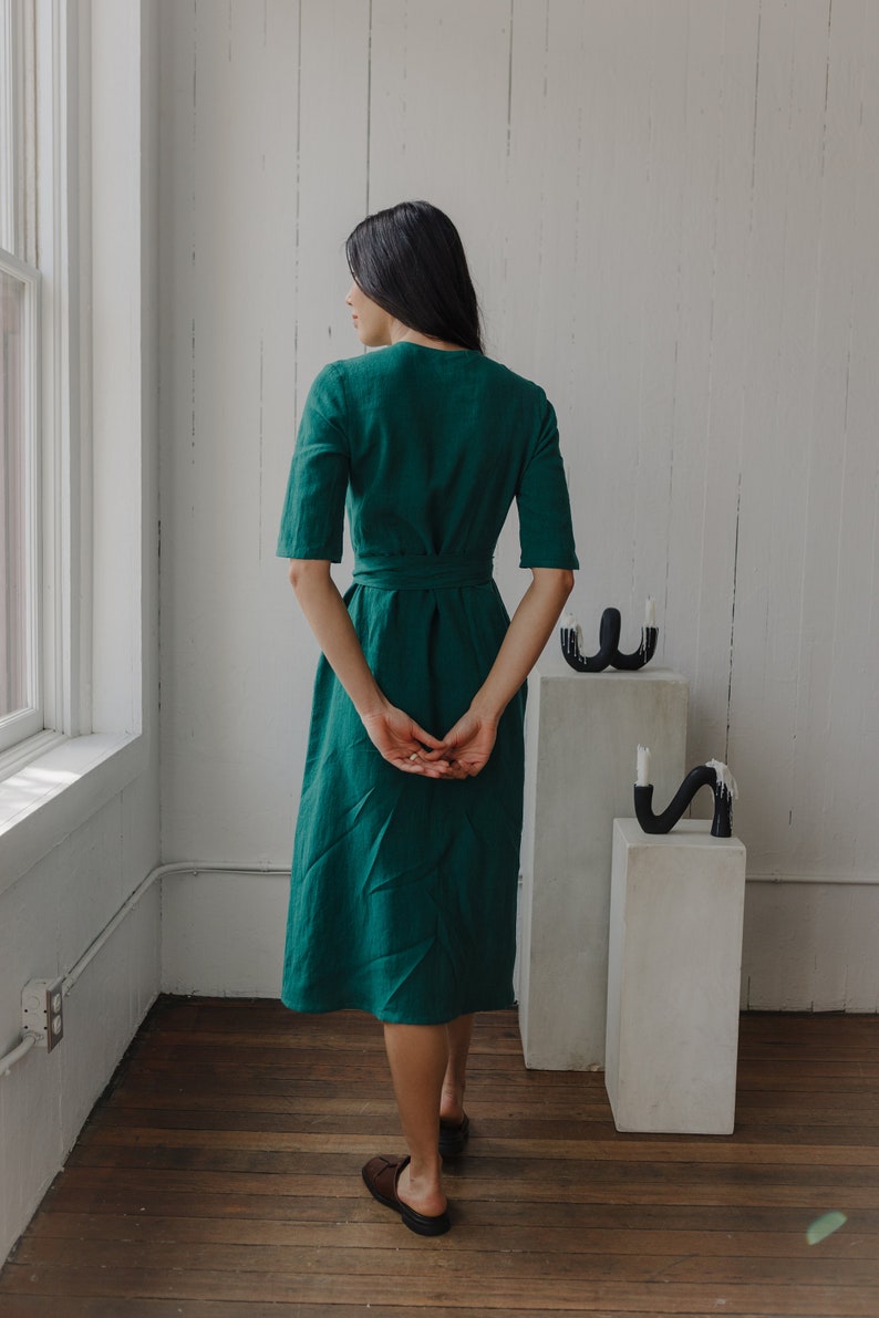 Emerald Green Linen Wrap Dress w Long Sleeves, A Line Flared Skirt, Fitted Waist, Handmade to order in Canada image 5