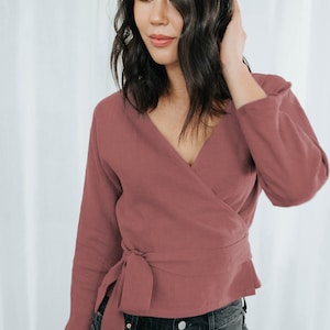 Marsala Linen Wrap Top with Long Sleeves and Belt, The Perfect Wrap Top, Slow Fashion Handmade in Canada, Made to Order, 100% Linen