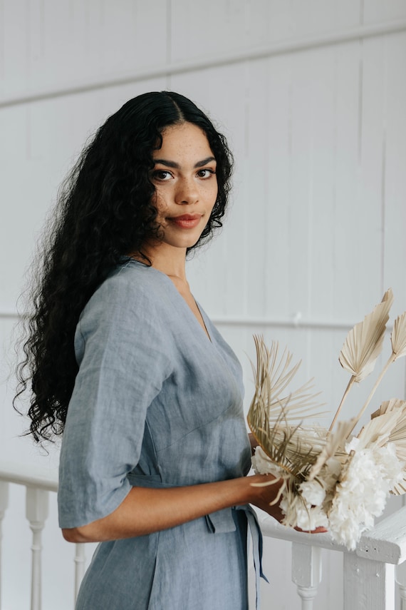 Flared Linen Wrap Dress With Pockets, Long Sleeves, A Line Skirt, Fitted  Waist, Pastel Midi Dress, Sample Sale, Handmade in Canada - Etsy