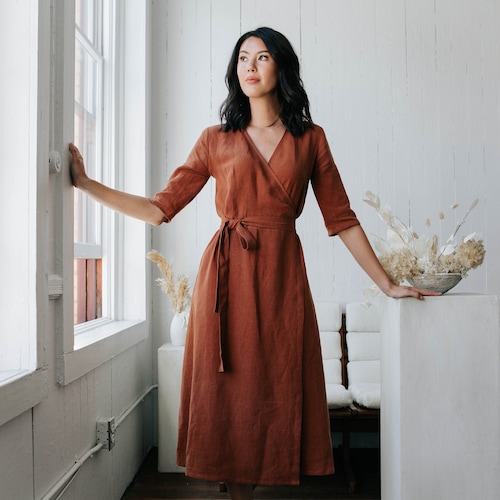 Copper Linen Wrap Dress with Pockets, Long Sleeves, A Line Flared Skirt, Fitted Waist, Jewel Tone Dress, Made to Order, Handmade in Canada