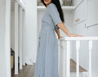 a-line skirts and wrap dresses with a higher hemline Flared Linen Wrap Dress with Pockets, Long Sleeves, A Line Skirt, Fitted  Waist, Pastel Midi Dress, Made to Order, Handmade in Canada
