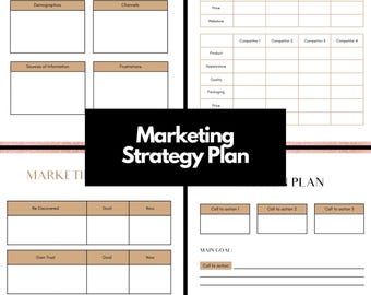 May include: A printable marketing strategy plan worksheet with sections for audience persona, competitor analysis, and a marketing plan. The worksheet includes sections for buying roles, goals and responsibilities, demographics, channels, sources of information, frustrations, product, appearance, quality, packaging, price, website, be discovered, goal, now, call to action, main goal, and encourage advocacy.