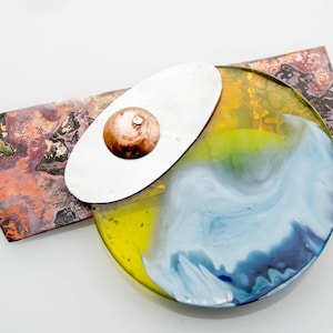 Contemporary Handmade Multi Coloured Resin, Copper and Aluminium Brooch