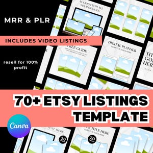 Könnte beinhalten: Eine rosa und weiße Grafik mit dem Text "70+ Etsy Listings Template" und "Canva" in Weiß. Die Grafik zeigt eine Collage aus verschiedenen Etsy-Listing-Vorlagen mit Bildern von Wolken und grünen Feldern. Der Text "MRR & PLR" und "Includes Video Listings" ist ebenfalls sichtbar.