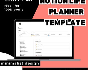 Modelo de planejador de vida minimalista tudo-em-um da Notion com PLR e direitos de revenda mestre. Painel da Notion e rastreador de tarefas para vender na Etsy