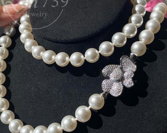 Swarovski Pearl Necklace, Lavishly Inlaid with Zircon Camellia/ Phalaenopsis, Multiple Wearing Style XL077