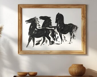 Vintage schwarze Pferde Kunstdruck: Minimalistisches Tier Wanddekor