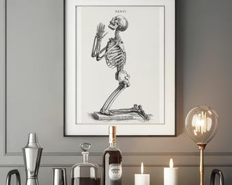 Plakat z klęczącym szkieletem w stylu vintage, wydruk artystyczny z rysunkiem anatomicznym